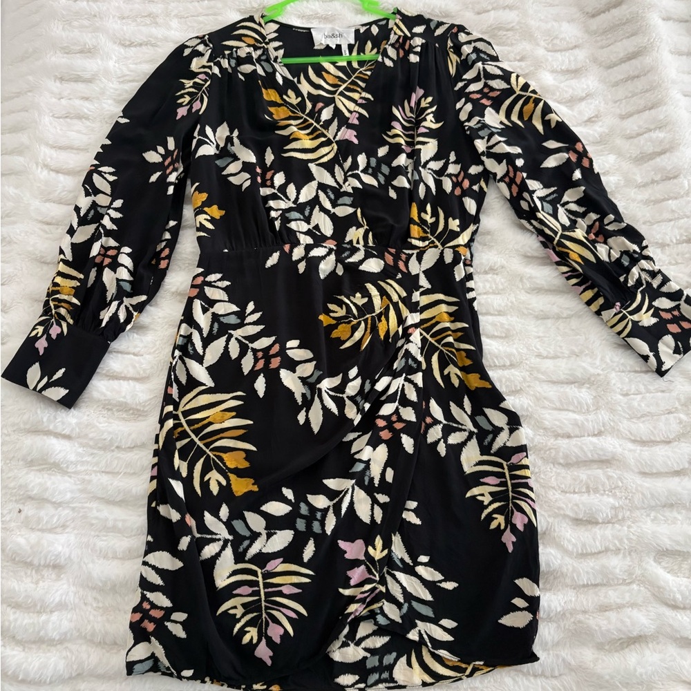 ba&sh Black Leaf Print Long Sleeve Dress - Picture 2 of 4